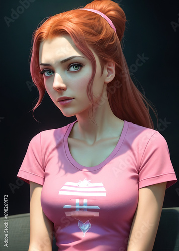 Fotografie, Obraz Summer Smith from Rick and Morty, cartoon style, wearing a pink t-shirt, red hai