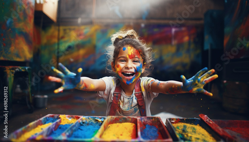 portrait of a happy smiling child with painted hands and face © RJ.RJ. Wave