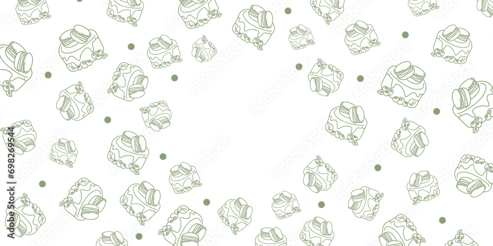 Vector illustration. Contour pattern. Cakes, donuts, croissants, macarons in sketch style. Hand drawn food elements. Desserts and sweets food doodle background with copy space for text.