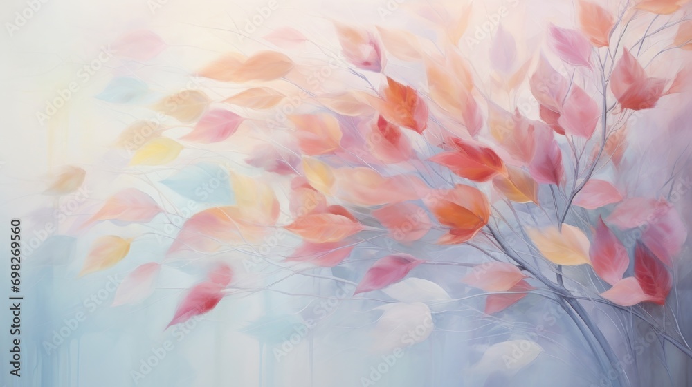  a painting of a tree with red, yellow and blue leaves blowing in the wind on a blue and white background.