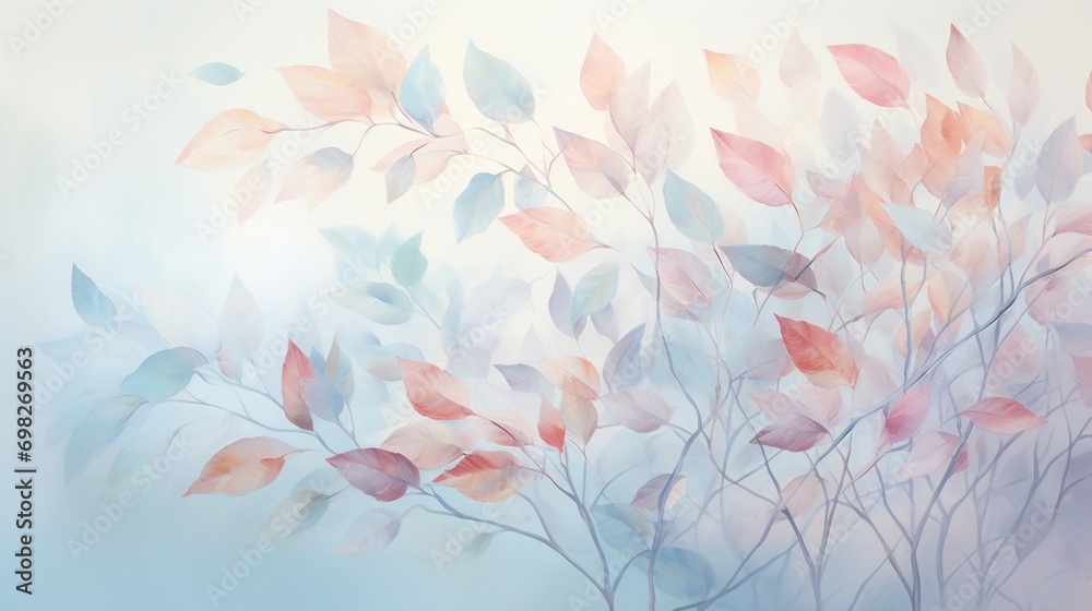  a painting of a tree with leaves blowing in the wind on a blue and white background with a blue sky in the background.