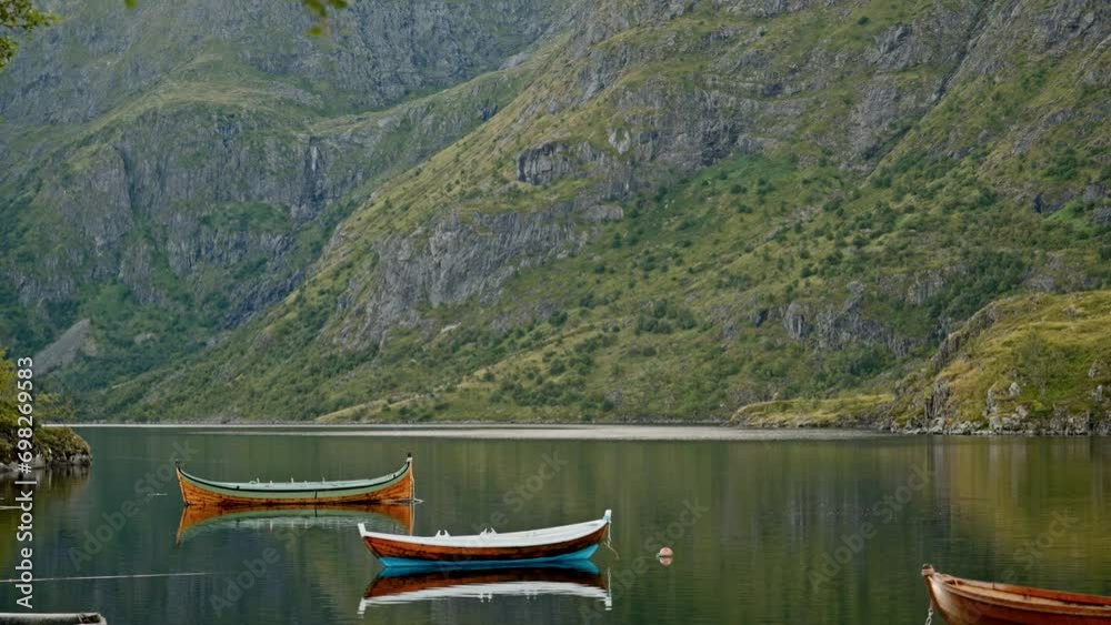 Mountainous Terrain And Rowboats On Lake Mountainous Terrain And Rowboats On Lake
