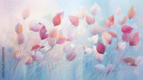  a painting of a bunch of leaves on a blue and pink background with a light blue sky in the background.