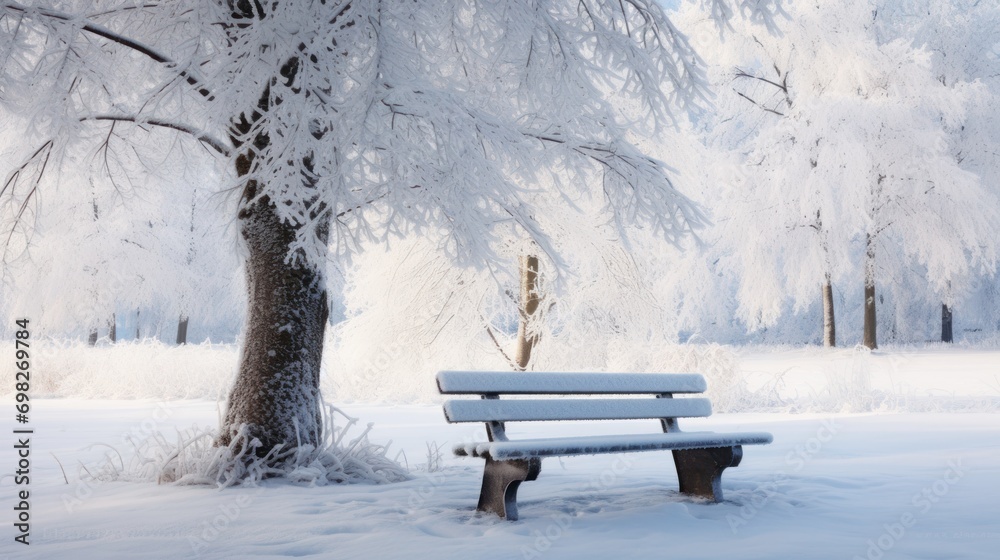  a snow covered park bench in front of a tree with snow on the ground and in front of it is a snow covered park bench.