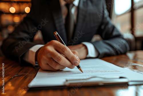 A man in a business suit analyzing the terms of a contract and highlighting contentious issues, business, audit, financial operations photo