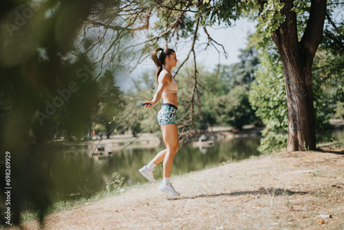 Fit friends engage in a sunny park workout, jumping rope, stretching, and warming up. Dedicated and motivated, they embody the essence of a healthy lifestyle, enjoying recreational sports outdoors.