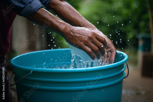 A person collecting rainwater in a bucketglobal water crisis, ecology, water saving. Generative AI