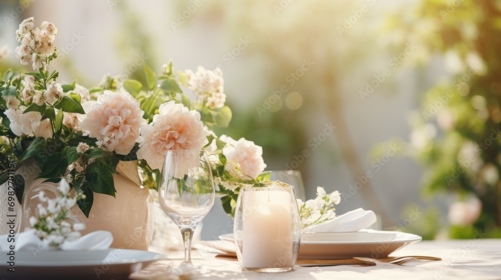  a table topped with a vase filled with pink flowers next to a white plate with a candle on top of it.