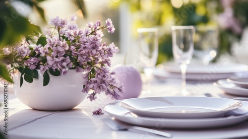  a close up of a vase of flowers on a table with plates and utensils in front of it.