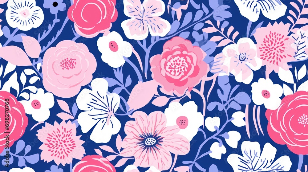 a blue and pink floral wallpaper with pink, white, and pink flowers on a blue background with a black dot in the center. a blue and pink floral wallpaper with pink, white, and pink flowers on a blue background with a black dot in the center.