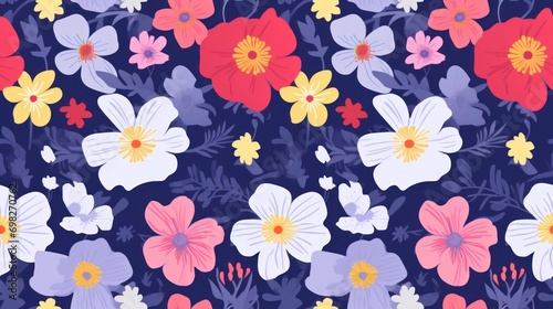  a bunch of colorful flowers that are on a dark blue background with white  pink  yellow  and red flowers.