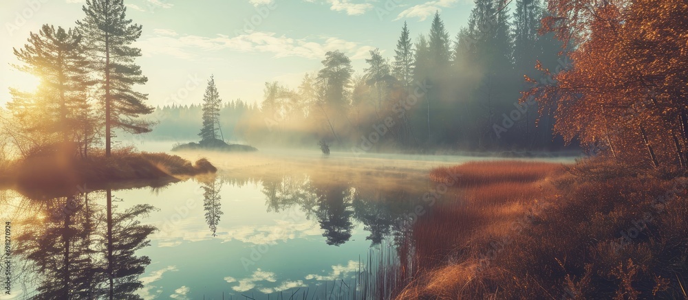 Dreamlike scenery with wooded lake and hazy sky