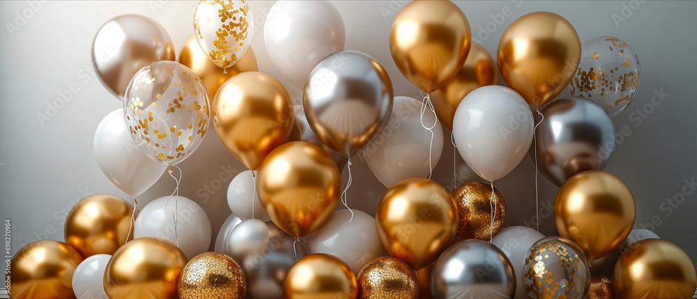Celebration background with arranged white, silver and gold balloons. Happy Birthday Balloons with confetti. Digital festive art for poster, template, flyer, banner background or design element. Celebration background with arranged white, silver and gold balloons. Happy Birthday Balloons with confetti. Digital festive art for poster, template, flyer, banner background or design element.
