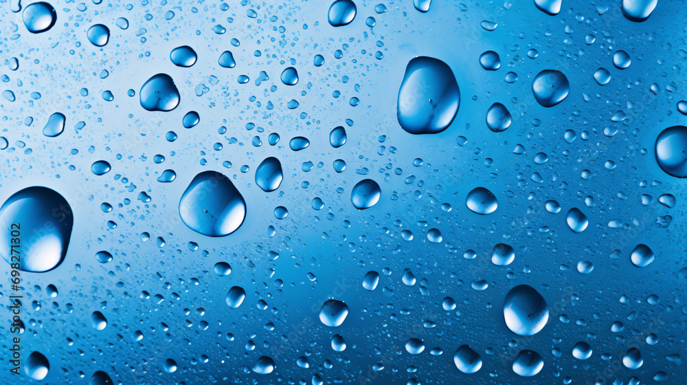 Water drops on a blue reflective surface