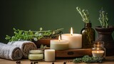  a group of candles sitting on top of a wooden table next to a potted plant and a towel on top of a table.