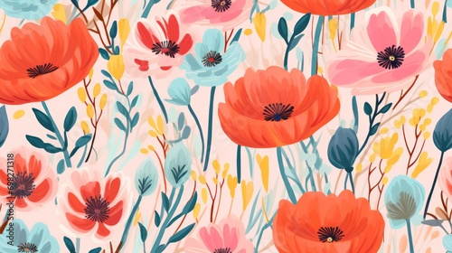  a floral pattern with red, pink, blue and yellow flowers on a light pink background with green leaves and stems.