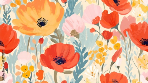 a bunch of red and yellow flowers on a blue and white background with orange, pink, yellow, and green leaves.