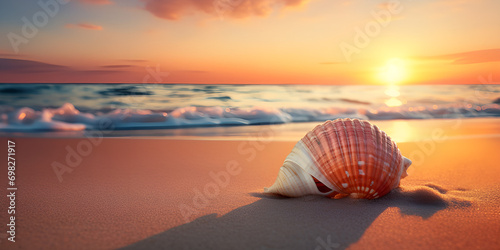 Seashells on the beach at sunset , Shoreline Elegance: Seashells Bathed in the Warm Sunset Glow AI Generative 