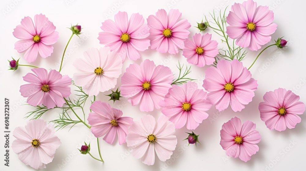  a bunch of pink flowers sitting on top of a white table next to each other on top of a white surface.