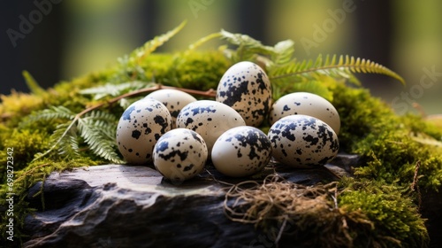  a group of black and white eggs sitting on top of a moss covered tree stump in front of a fern.