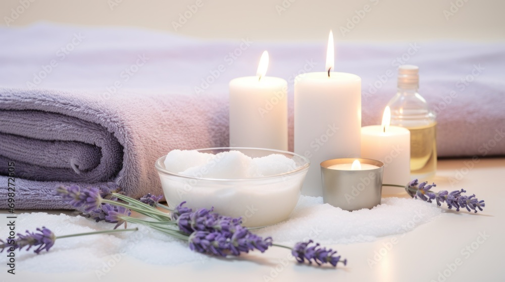  a table topped with candles and lavenders next to a bowl of salt and a bowl of salt and a bottle of lotion.