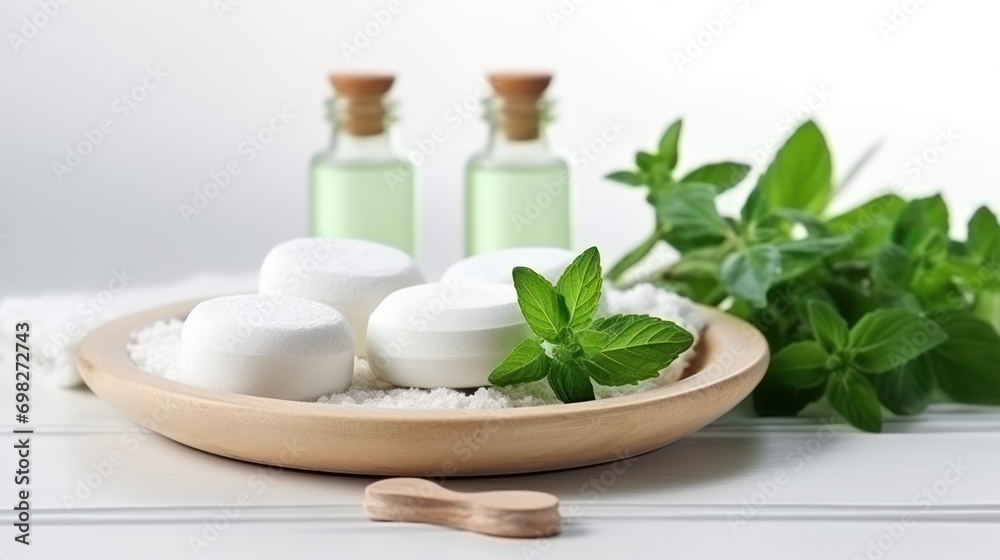  a wooden bowl filled with green leaves next to two bottles of pills and a wooden spoon on a white surface.