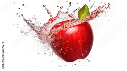  an apple with water splashing on it and a green leaf sticking out of the top of the red apple.