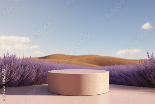 round podium for the presentation of luxury products. landscape with lavender fields in the background
