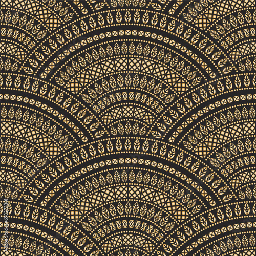 Vector wavy seamless pattern from gold ethnic ornaments on a black background. Peacock tail shaped decorative elements