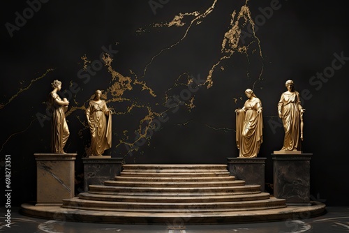 Wallpaper Mural round podium with gold-plated Greek pillars for the presentation of luxury products. stone rome stand with glowing light arch and ancient marble columns. dark background Torontodigital.ca