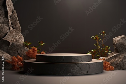 unhewn stone podium with arch with dried flowers, and field herbs growing behind. dark sunset light shadow minimalistic background photo