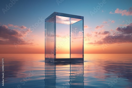cube glass transparent podium in water for the presentation of luxury products. waves of the sea surface in a custom purple orange light on the background