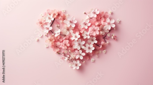  a heart - shaped arrangement of pink and white flowers on a light pink background with copy - space in the center.
