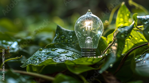 A single light bulb illuminates a tiny leaf, its warm glow contrasting against the cool, damp surroundings of the lush green grass and sitting delicately on a plant in the midst of nature's embrace