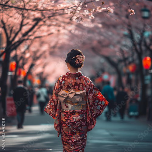 Woman in a kimono walking in a park, Sakura Blossoms