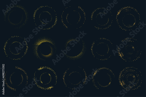 Gold realistic shiny glitter ring or circle with glittering dust and shimmery particles. Round frame of flare trail with isolated background. Christmas shooting star trail