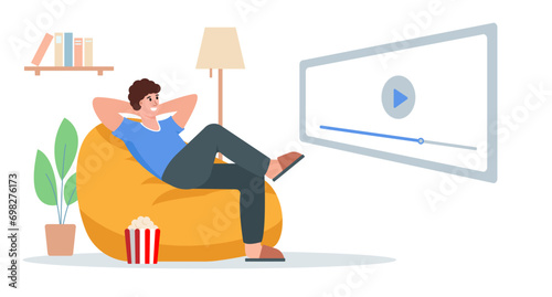 Young man sitting on armchair and watching movie at home. Male character relax on bean bag after work with popcorn and television. Flat or cartoon vector illustration.
