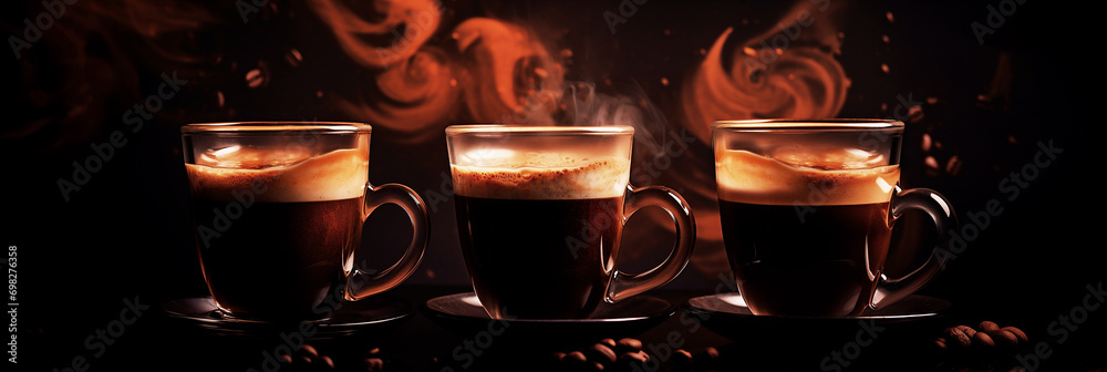 Three steaming cups of coffee on black background with scattered coffee beans. - obrazy, fototapety, plakaty 