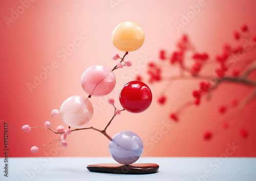 Minimalistic abstract background with red tree branch and seasonal decorations and ornaments.