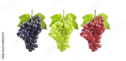 Black, white and red grapes on white background , fresh grape green grape isolated , purple grape isolated , green, white grape isolated - 3d rendering , whit path stock photo