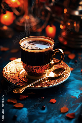 Cup of coffee on dark blue table decorated with candles on background.