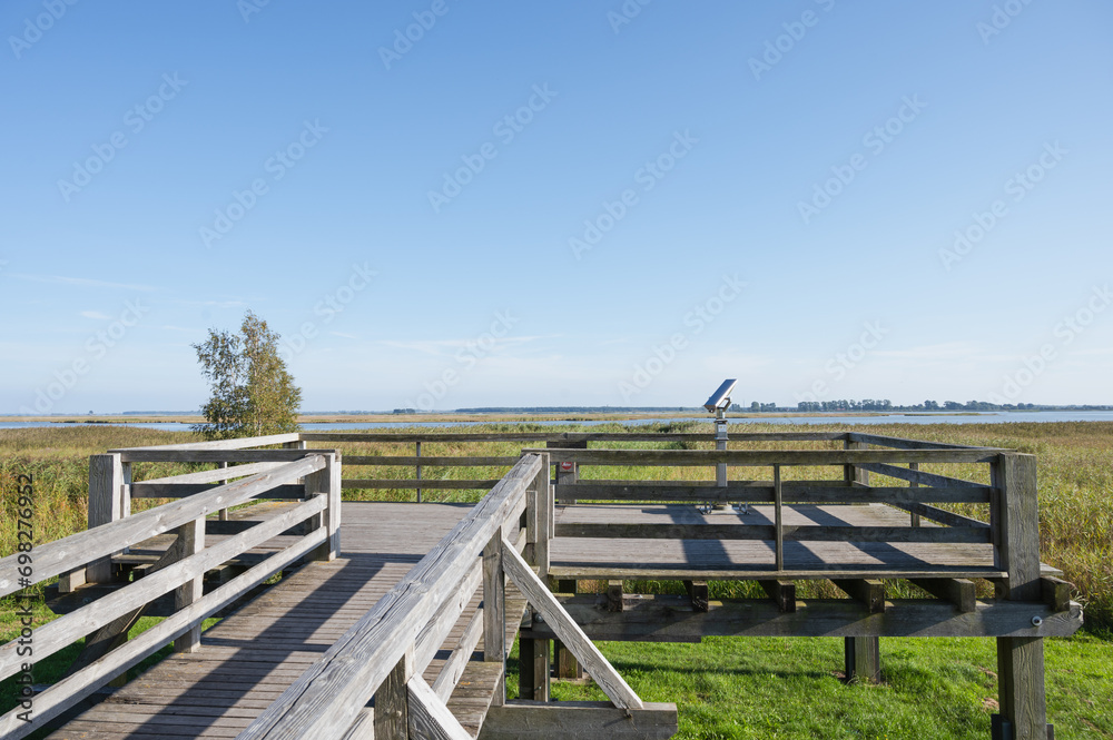 Bird-watching platform on Darss in Mecklenburg Vorpommern in the North of Germany on a sunny day