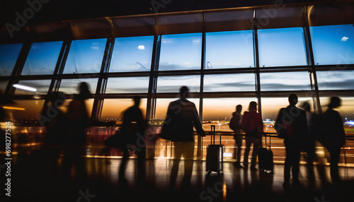 Silhouette of bustling airport crowd at sunset  travelers in motion  bustling terminal  travel  journey  transit  diverse people