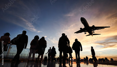 Silhouette of bustling airport crowd at sunset, travelers in motion, bustling terminal, travel, journey, transit, diverse people