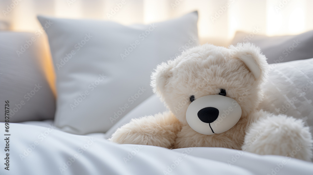 Cute white teddy bear, lie in white bed, at daylight