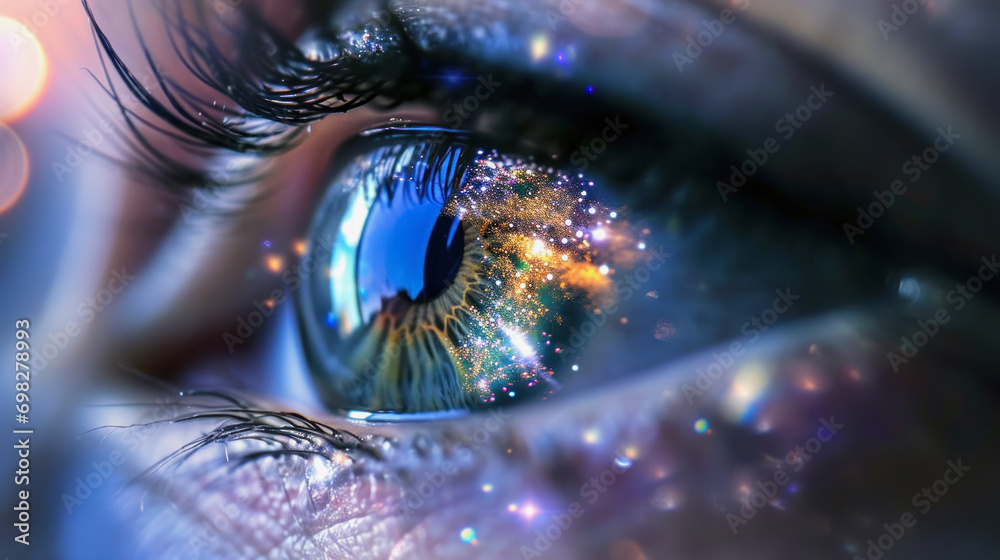 illustration of a universe reflection in eye close up - obrazy, fototapety, plakaty 