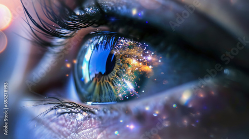 illustration of a universe reflection in eye close up photo