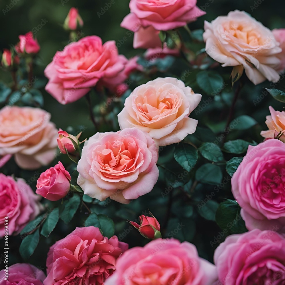 a garden with pink roses and green leaves on it's branches a garden with pink roses and green leaves on it's branches