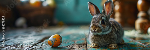 a rabbit sitting on the floor of a blue room on the right and a single easter egg on the left photo