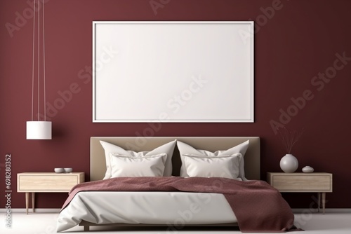 Bedroom ambiance with a light-colored bed and an empty mockup frame on the vibrant burgundy wall. Blank empty mockup frame.